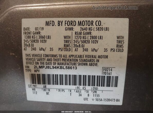 2LMPJ8L94KBL58613 2019 LINCOLN NAUTILUS Tan Вид підкапотного простору