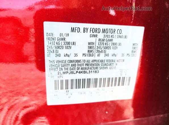 2LMPJ8LP4KBL31183 2019 LINCOLN NAUTILUS Red 
