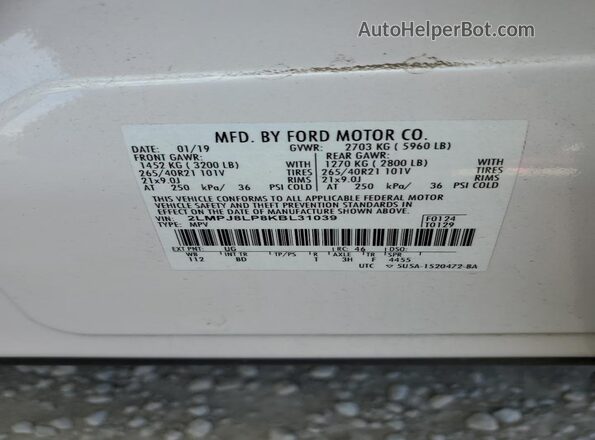 2LMPJ8LP8KBL31039 2019 LINCOLN NAUTILUS White 