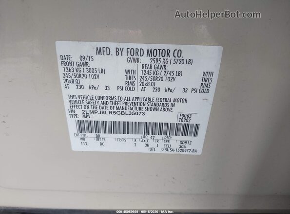 2LMPJ8LR5GBL35073 2016 LINCOLN MKX Beige 