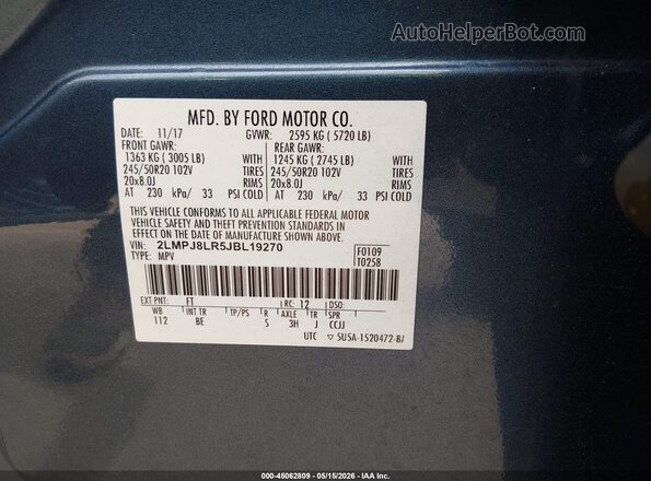 2LMPJ8LR5JBL19270 2018 LINCOLN MKX Blue Vista del compartimento del motor