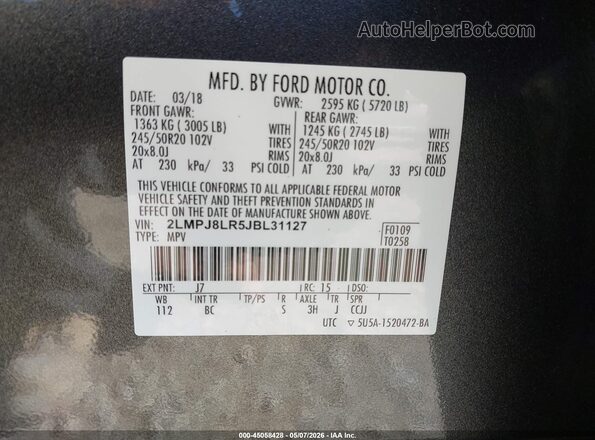 2LMPJ8LR5JBL31127 2018 LINCOLN MKX Gray 