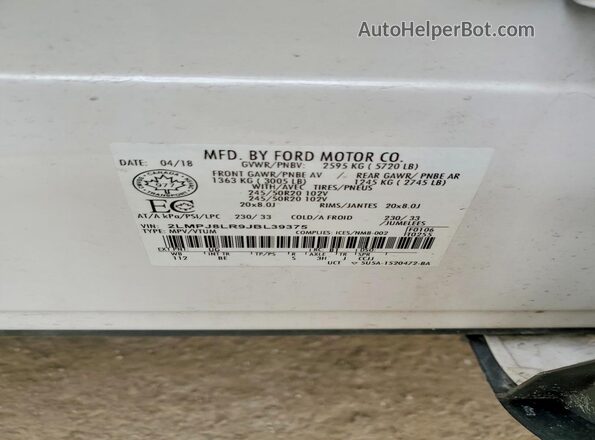 2LMPJ8LR9JBL39375 2018 LINCOLN MKX White Widok naklejki z numerem VIN