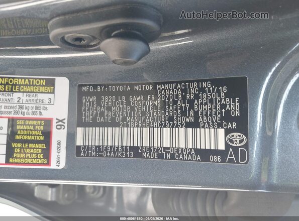2T1BPRHE4HC797752 2017 TOYOTA LL Blue ძრავის განყოფილების ხედი