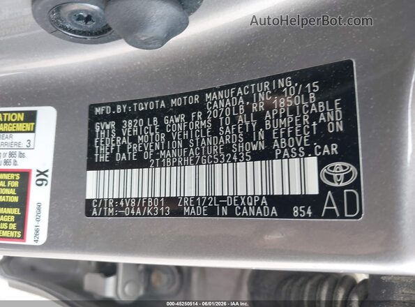 2T1BPRHE7GC532435 2016 TOYOTA COROLLA Gray Vista del compartimento del motor