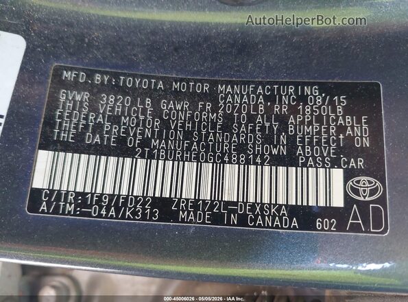 2T1BURHE0GC488142 2016 TOYOTA LL Gray Vista del compartimento del motor