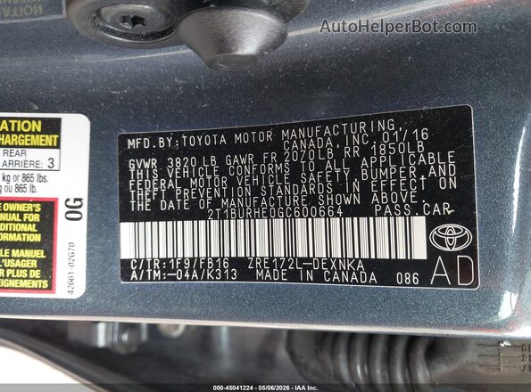 2T1BURHE0GC600664 2016 TOYOTA LL Blue 