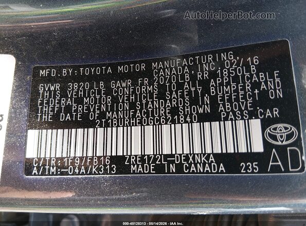 2T1BURHE0GC621840 2016 TOYOTA COROLLA Dark Blue 