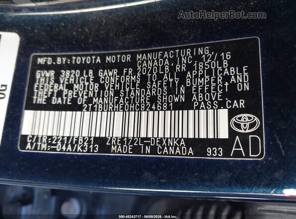 2T1BURHE0HC824681 2017 TOYOTA COROLLA Black 