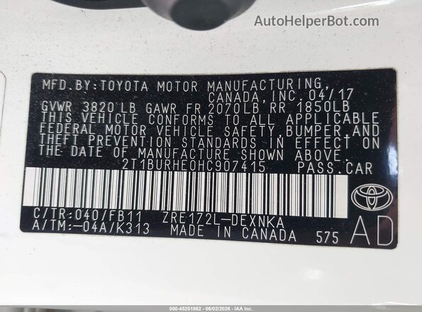 2T1BURHE0HC907415 2017 TOYOTA COROLLA White Engine compartment view