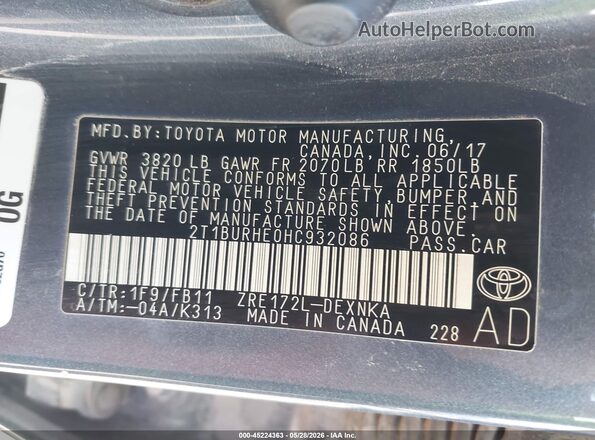 2T1BURHE0HC932086 2017 TOYOTA COROLLA Серый Вид подкапотного пространства