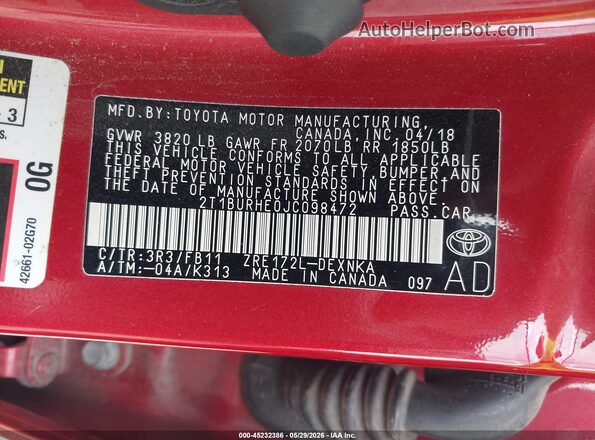 2T1BURHE0JC098472 2018 TOYOTA COROLLA Red Engine compartment view