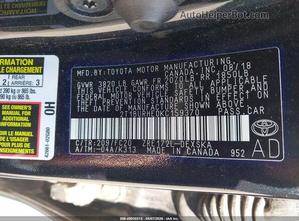 2T1BURHE0KC159370 2019 TOYOTA LL Black 