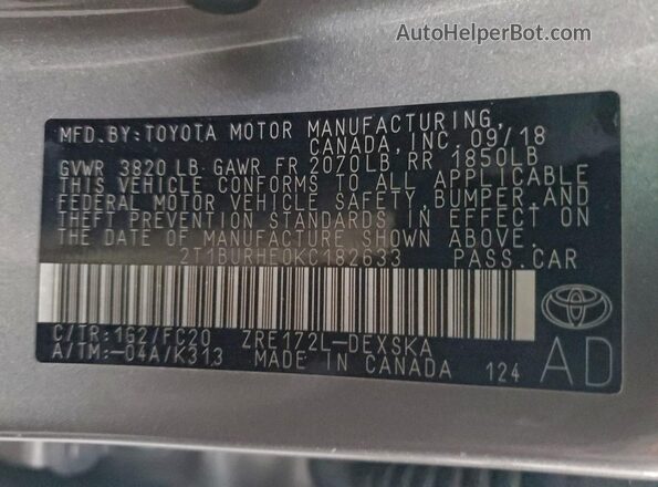 2T1BURHE0KC182633 2019 TOYOTA COROLLA Gray 