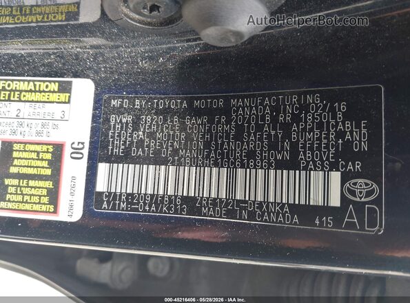 2T1BURHE1GC618963 2016 TOYOTA COROLLA Black Вид підкапотного простору