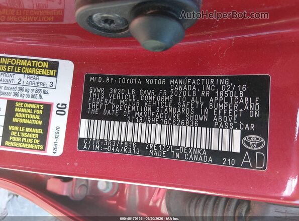 2T1BURHE1GC626836 2016 TOYOTA COROLLA Red 