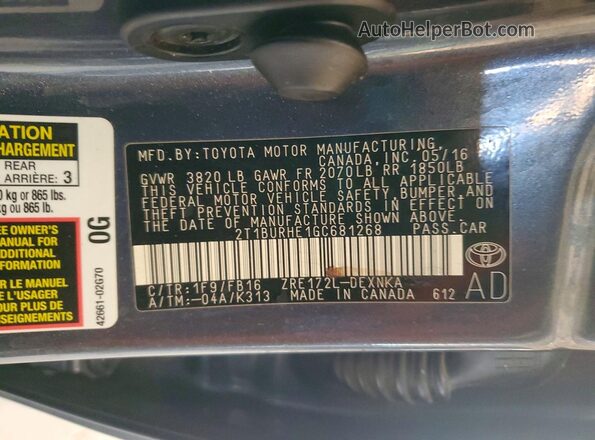 2T1BURHE1GC681268 2016 TOYOTA COROLLA Gray 