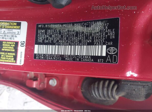 2T1BURHE1HC854658 2017 TOYOTA COROLLA Red Vista del compartimento del motor