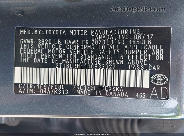 2T1BURHE1HC933327 2017 TOYOTA LL Gray 