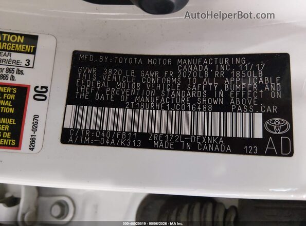 2T1BURHE1JC016488 2018 TOYOTA LL Белый Вид подкапотного пространства