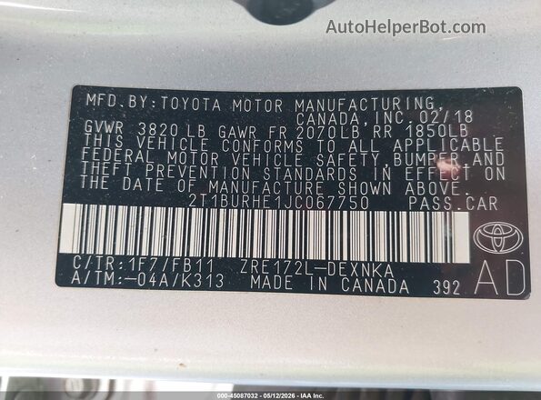 2T1BURHE1JC067750 2018 TOYOTA LL Серебряный Вид подкапотного пространства