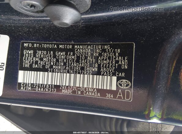 2T1BURHE1KC212822 2019 TOYOTA COROLLA Dark Blue Вид подкапотного пространства