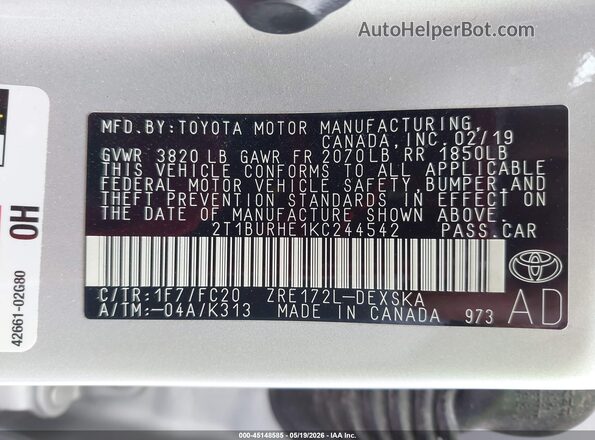 2T1BURHE1KC244542 2019 TOYOTA COROLLA Silver Вид підкапотного простору