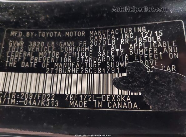 2T1BURHE2GC584791 2016 TOYOTA COROLLA Black Вид підкапотного простору