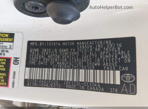 2T1BURHE2HC760109 2017 TOYOTA LL White Вид підкапотного простору