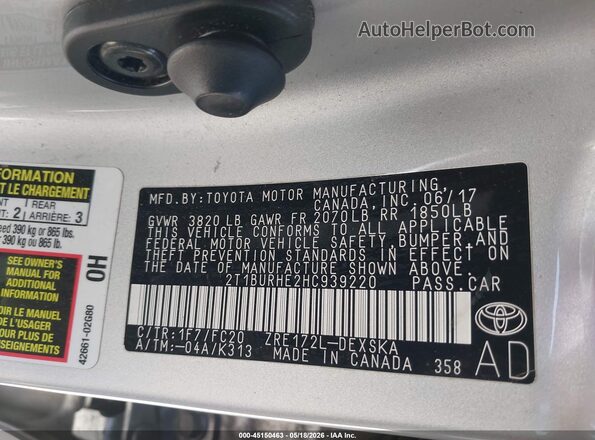 2T1BURHE2HC939220 2017 TOYOTA COROLLA Gray Շարժիչի բաժամունքի տեսք