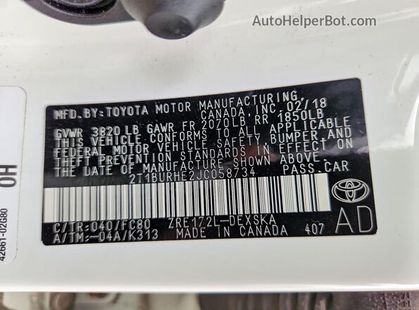2T1BURHE2JC058734 2018 TOYOTA COROLLA White ძრავის განყოფილების ხედი