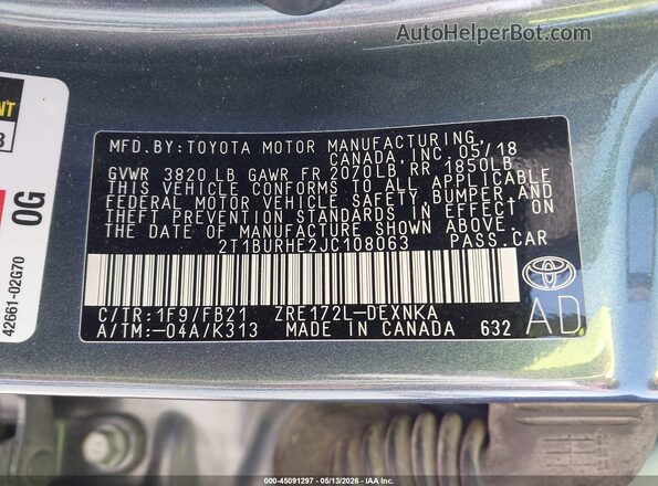 2T1BURHE2JC108063 2018 TOYOTA LL Teal 