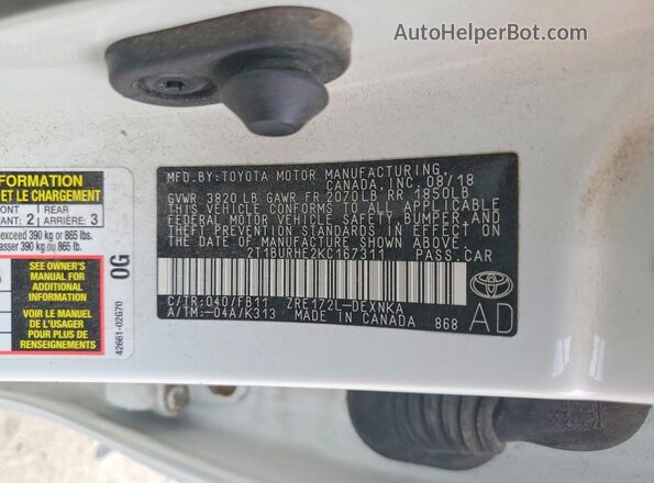 2T1BURHE2KC167311 2019 TOYOTA COROLLA Белый Вид подкапотного пространства