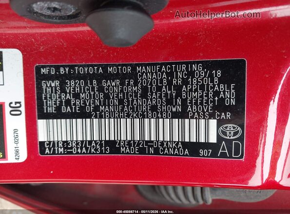 2T1BURHE2KC180480 2019 TOYOTA LL Red 