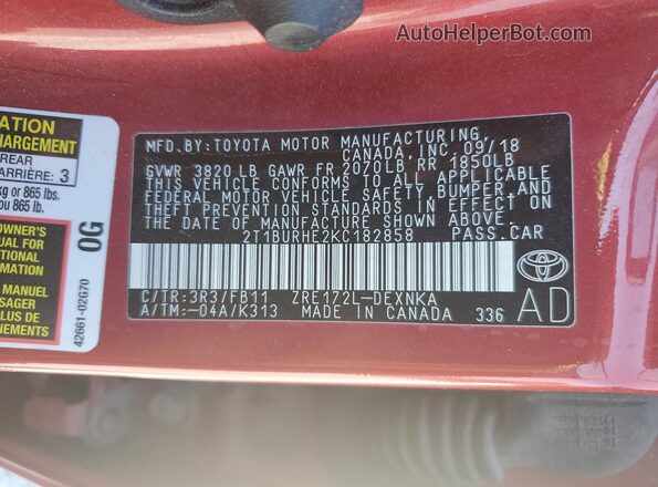 2T1BURHE2KC182858 2019 TOYOTA COROLLA Red 