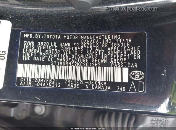 2T1BURHE2KC201263 2019 TOYOTA COROLLA Black Engine compartment view
