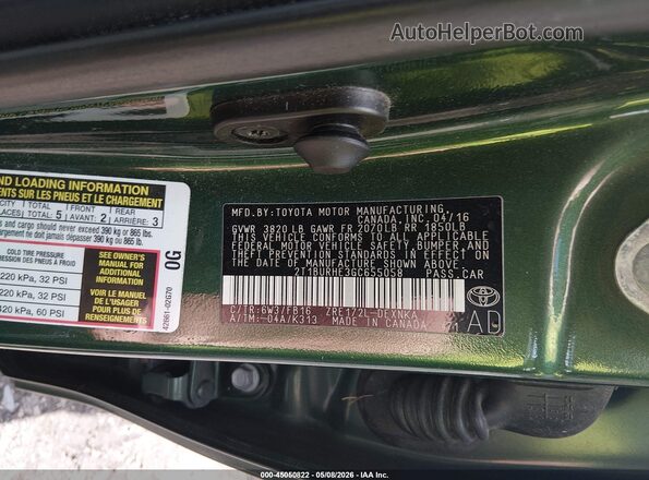 2T1BURHE3GC655058 2016 TOYOTA LL Green Vista del compartimento del motor