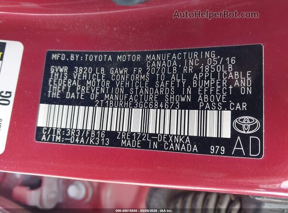 2T1BURHE3GC684673 2016 TOYOTA LL Red Vista del compartimento del motor