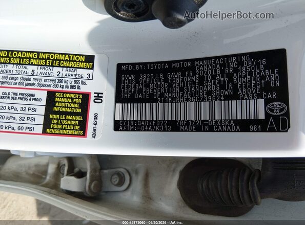 2T1BURHE3GC739624 2016 TOYOTA COROLLA White Вид підкапотного простору