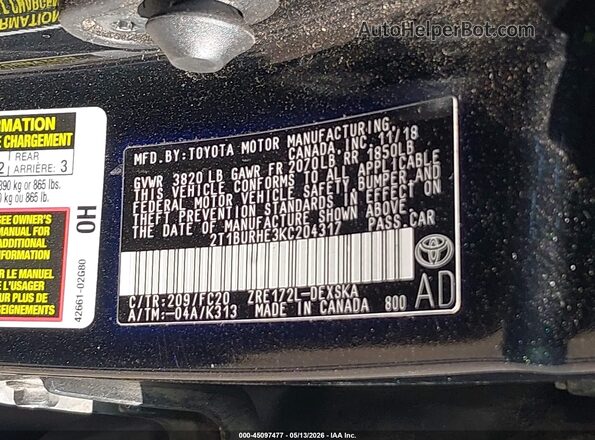 2T1BURHE3KC204317 2019 TOYOTA LL Black Widok komory silnika