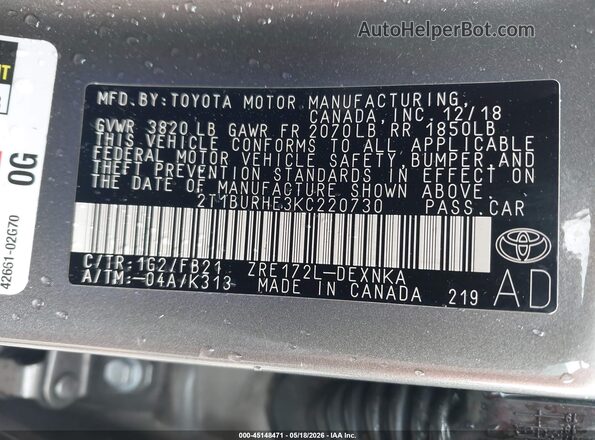 2T1BURHE3KC220730 2019 TOYOTA COROLLA Бежевый Вид подкапотного пространства