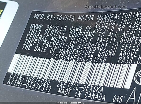 2T1BURHE4HC751766 2017 TOYOTA COROLLA Gray 