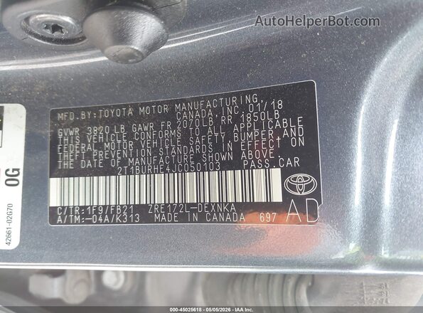 2T1BURHE4JC050103 2018 TOYOTA LL Gray Vista del compartimento del motor