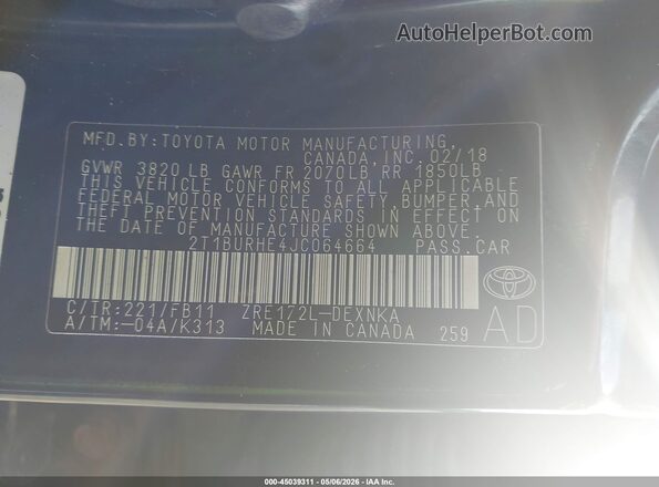 2T1BURHE4JC064664 2018 TOYOTA LL Синий Вид подкапотного пространства