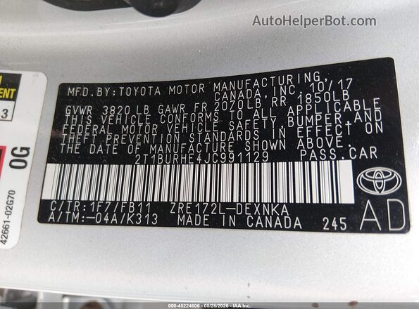 2T1BURHE4JC991129 2018 TOYOTA COROLLA Silver ძრავის განყოფილების ხედი