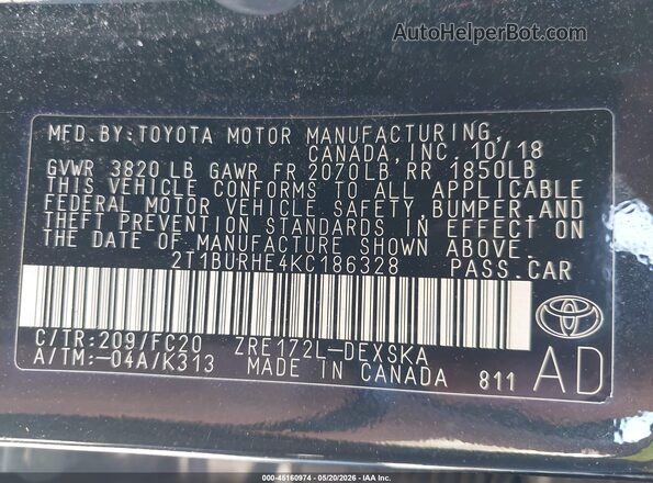 2T1BURHE4KC186328 2019 TOYOTA COROLLA Black Engine compartment view