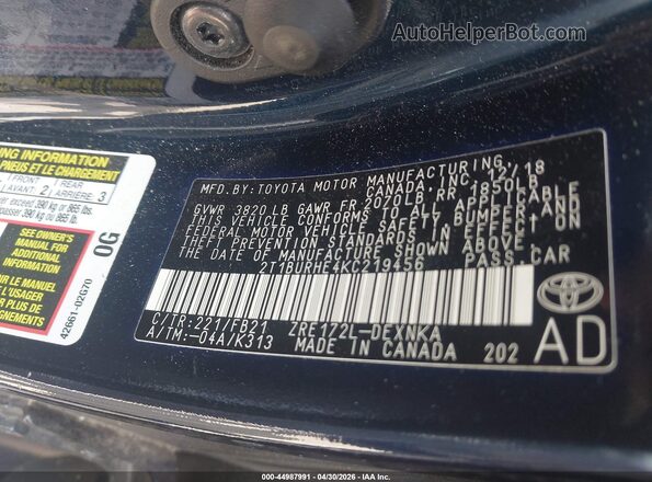 2T1BURHE4KC219456 2019 TOYOTA LL Dark Blue Вид підкапотного простору