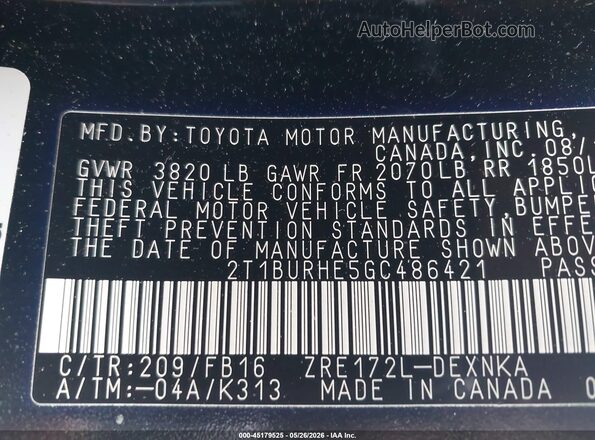 2T1BURHE5GC486421 2016 TOYOTA COROLLA Black 