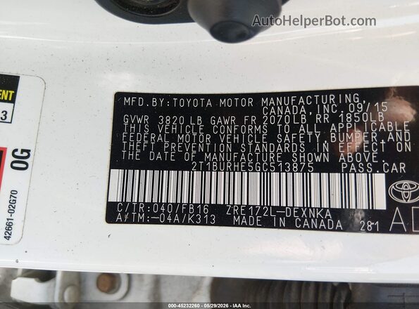 2T1BURHE5GC513875 2016 TOYOTA COROLLA Белый 