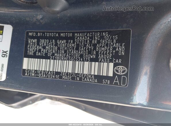 2T1BURHE5GC534175 2016 TOYOTA COROLLA Light Blue 